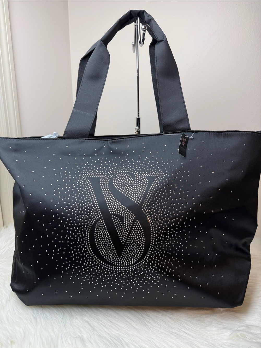 NWT Victoria's Secret Black Satin Bling Crystal-Studded Logo Tote